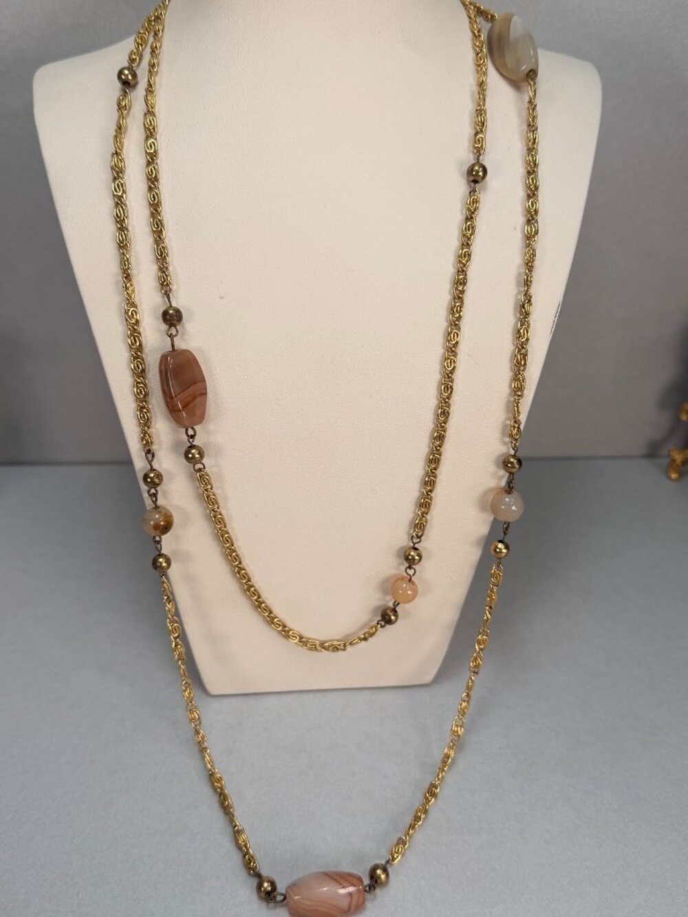 Vintage Gold Tone Byzantine Chain Long Necklace Banded Agate Stone Stations